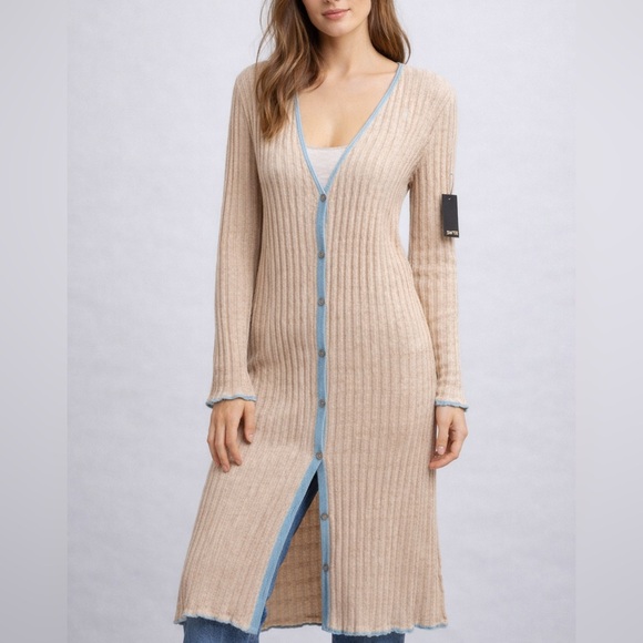 SWTR Sweaters - 🆕 SWTR Ribbed Knit Long Cardigan Dress Beige Blue Trim Button Front Size M NWT